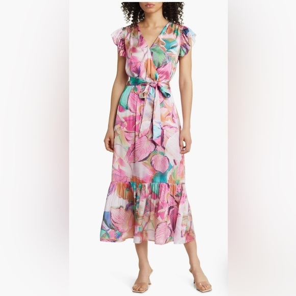 Sam Edelman Colorburst Leaf‎ Print Faux Wrap Dress - Size 10 - Picture 1 of 14
